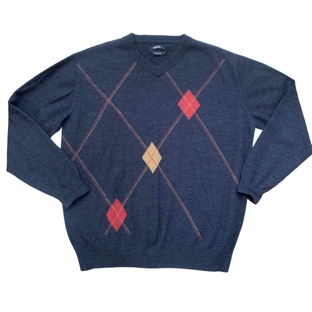 Ashworth Men’s Black Merino Wool V Neck Argyle Sweater Size Large